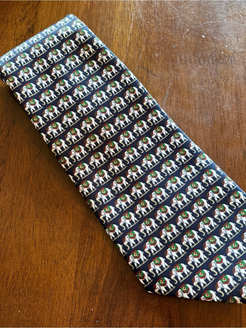 Men's Navy Elephant Patterned Silk Tie with Multicolor Motif